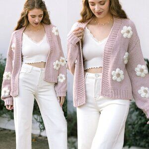 Morning Lavender Angela 3D Floral Knit Cardigan Open Front Light Pink S/M $75
